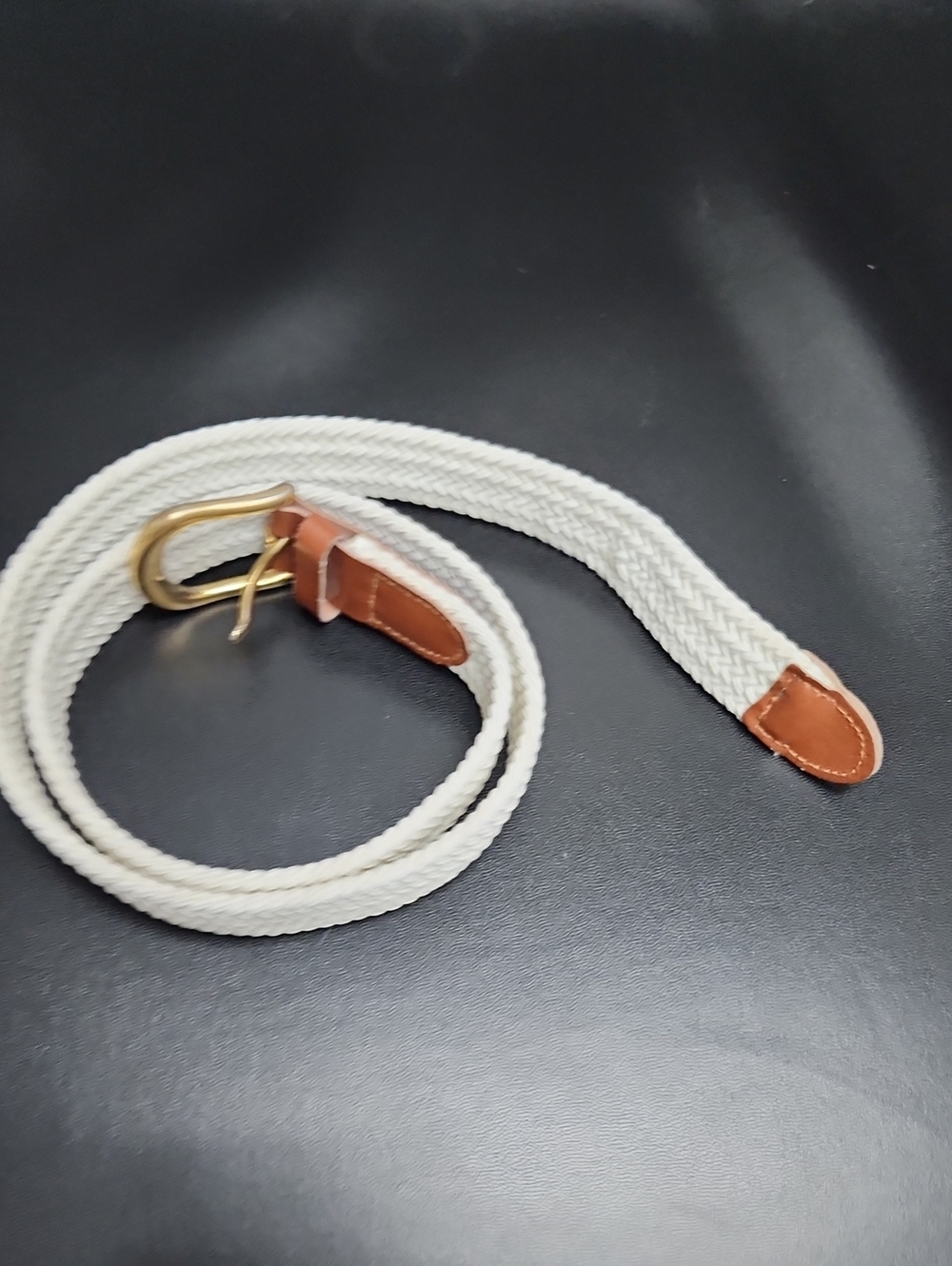 Women’s White Braided Belt with Brown Leather Trim